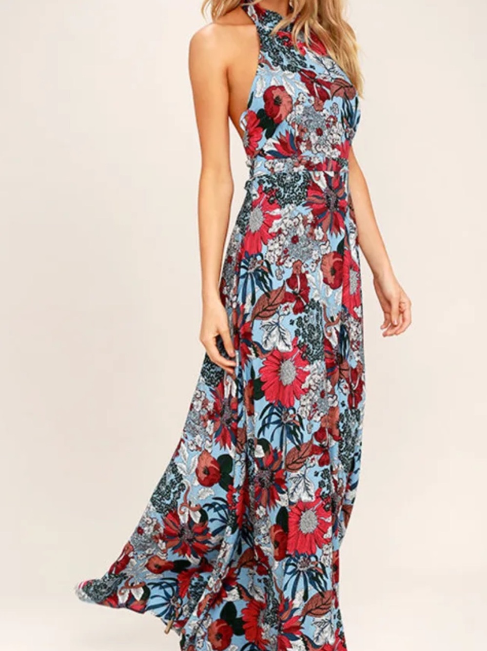 Lulu's Blue Maxi Dress with Red Floral Print